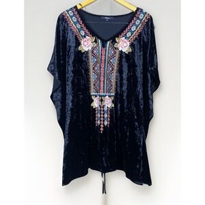 Andree By Unit Black Crush Velvet Embroidery Tunic Blouse M Gypsy Boho Victorian